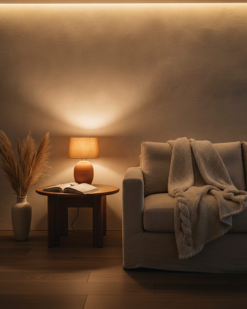 Evening lighting scene in a contemporary Kenyan living room — a terracotta table lamp beside a linen sofa, with concealed cove lighting washing a bone plaster wall.